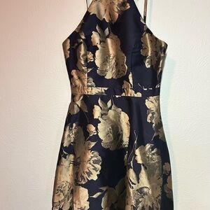 Xscape Navy and Gold Floral Backless Dress Size 12 Cocktail Formal home coming